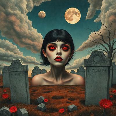 The primary subject of the image is a woman with red eyes, standing in a graveyard. She is surrounded by several headstones, creating a somber atmosphere. The setting is a graveyard, with the woman standing in the middle of the scene. The visual style is a digital art or illustration, with the woman's eyes being the most striking feature. The colors and mood of the image are dark and eerie, with the red eyes adding a touch of unnaturalness to the scene.